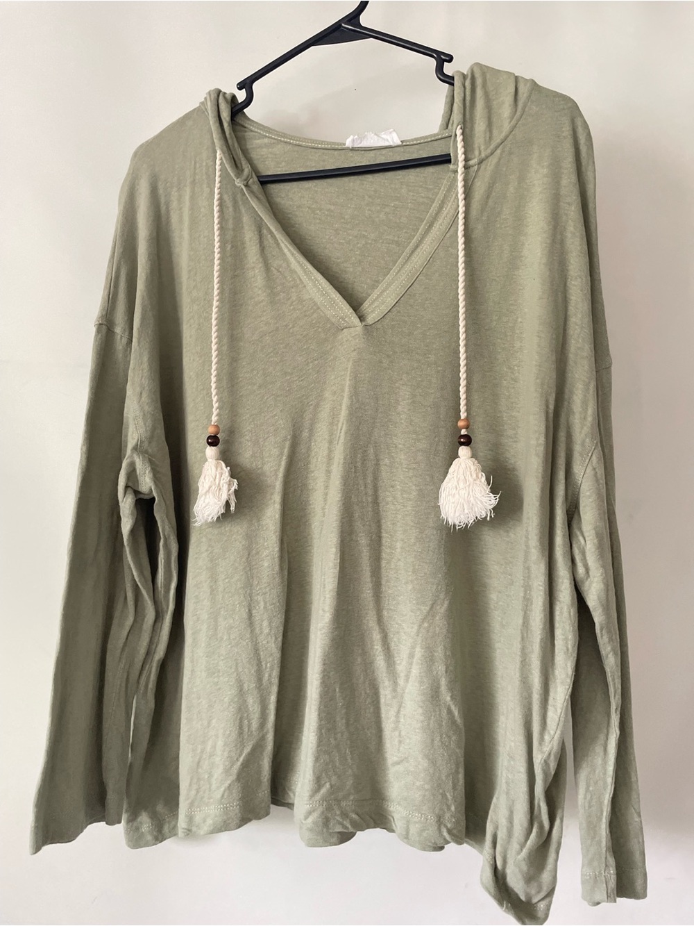 Cynthia Rowley Olive Sage V-Neck Tassel Hoodie Boho